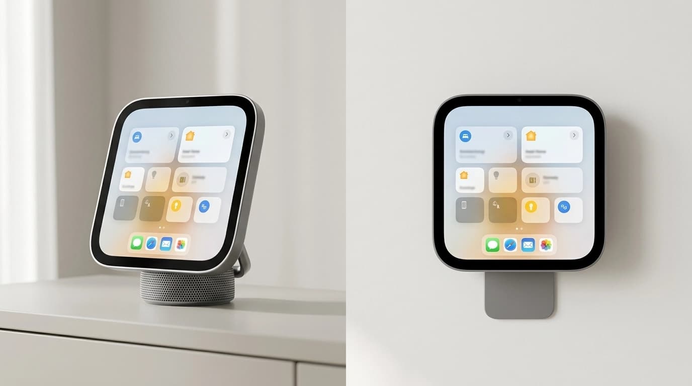 Render of the Apple HomeView on a sideboard and mounted on a wall