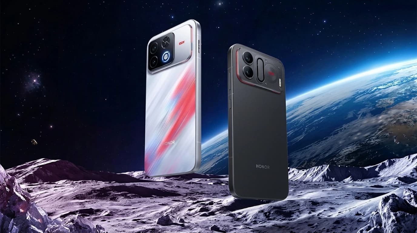 Illustration of two HONOR WIN 2 phones against a lunar landscape