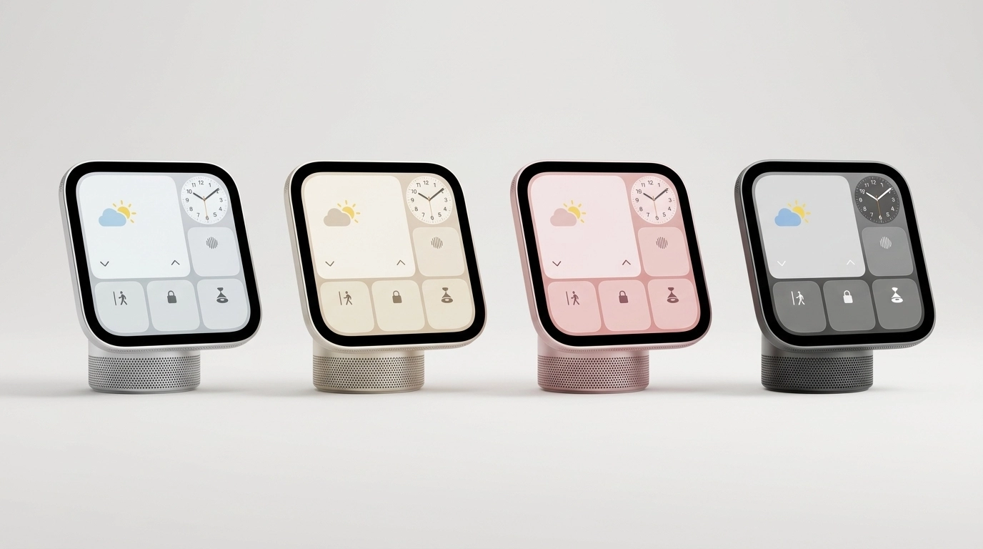 Render of four Apple HomeView units in silver, starlight, rose pink and space gray