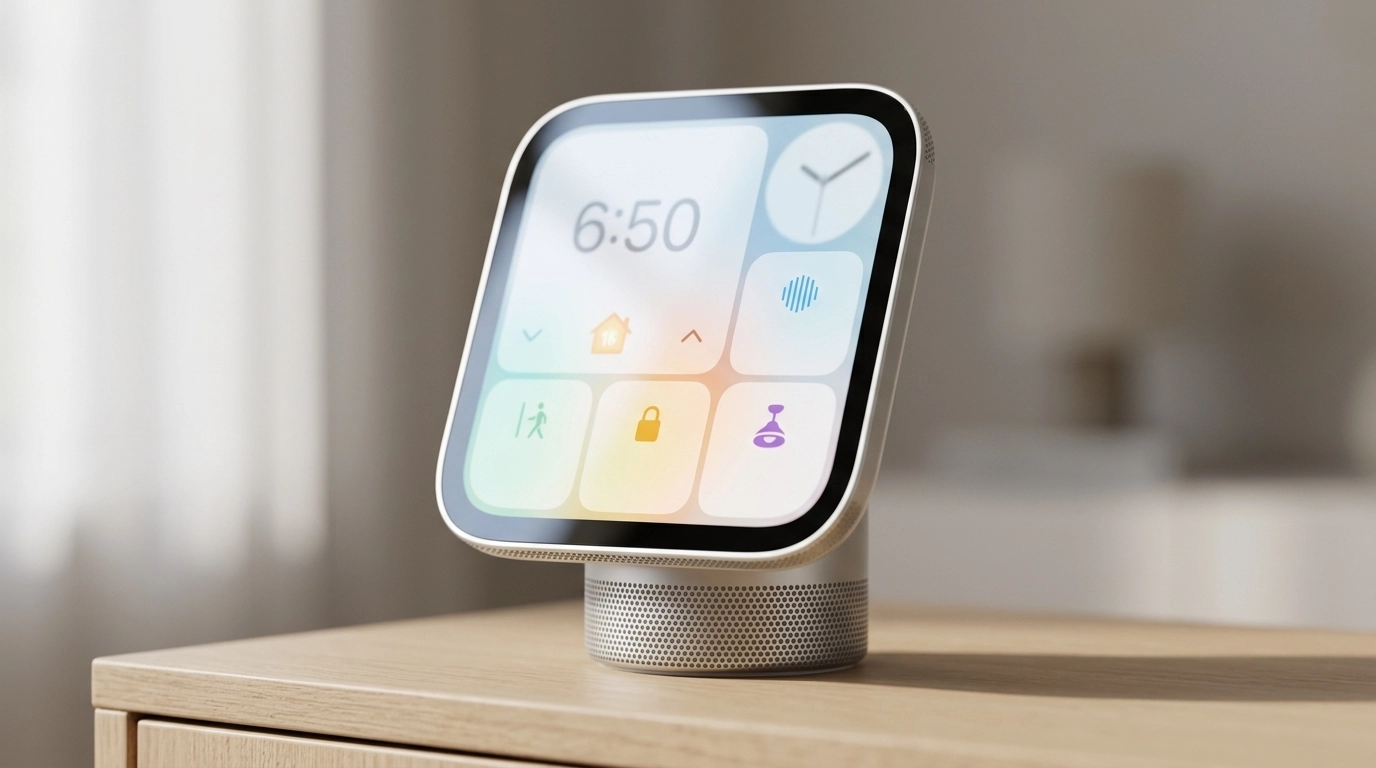 Render of the white Apple HomeView on a tabletop showing the clock and weather