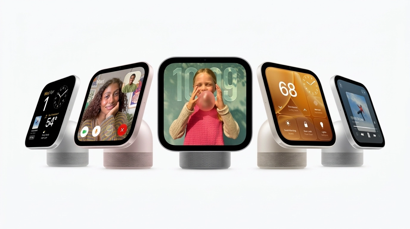 Render of five HomeView screens: weather, FaceTime, Photos, home controls, video