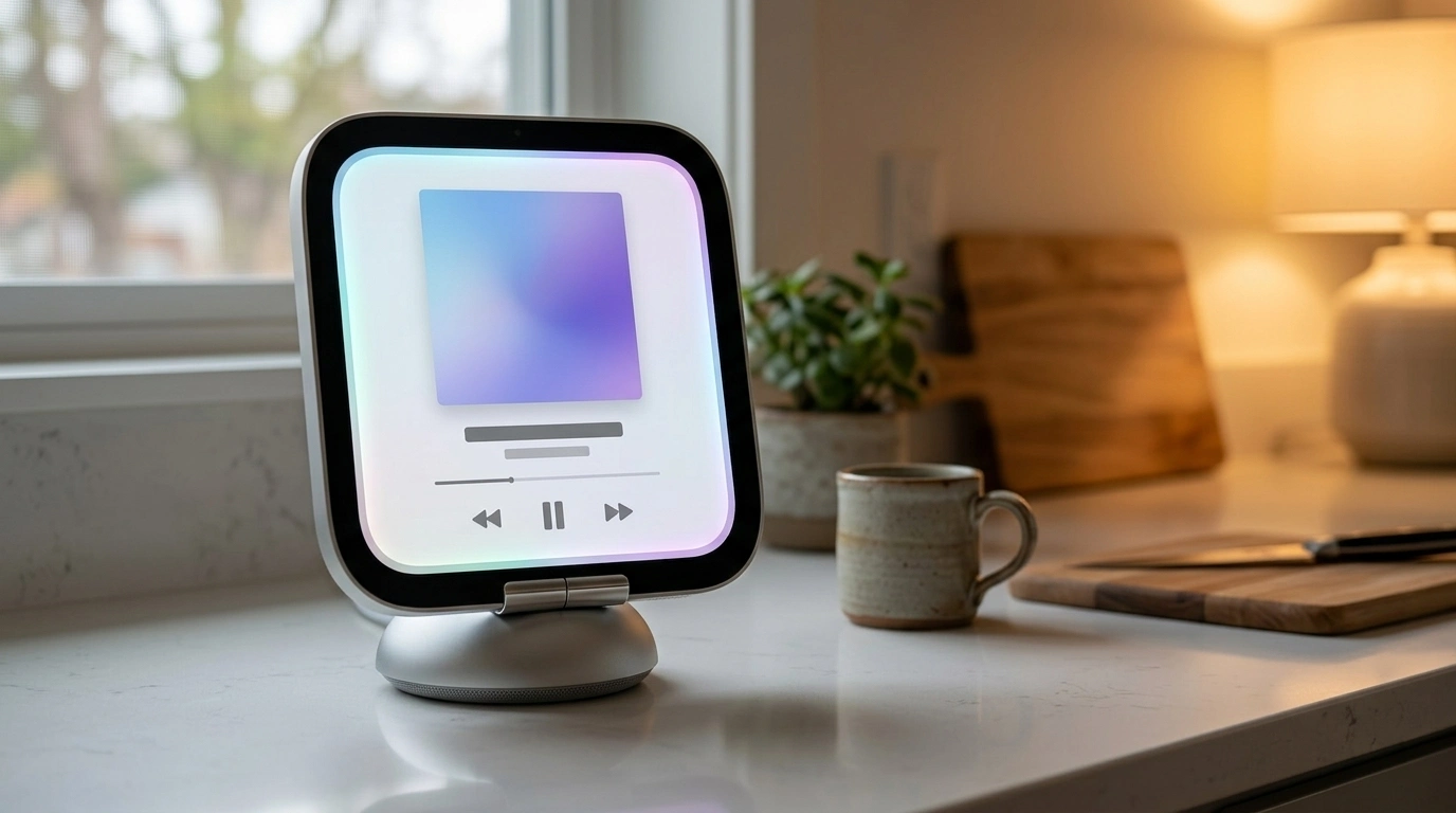 Render of the Apple HomeView playing music on a kitchen counter by a window