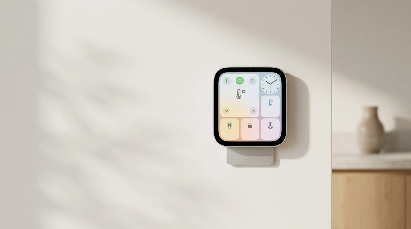 Render of the silver Apple HomeView mounted on a wall above a wooden counter