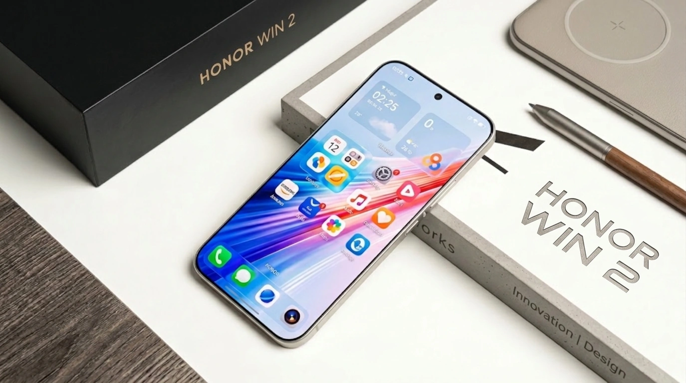 Illustration of the HONOR WIN 2 home screen beside its retail box